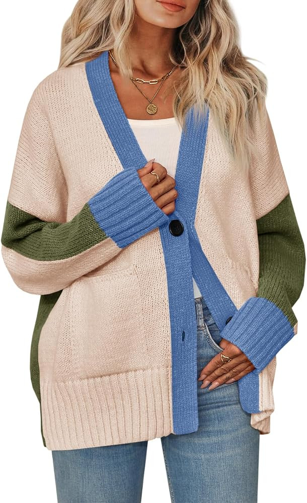 Saodimallsu Womens V Neck Cardigan Sweaters Color Block Button Oversized Long Sleeve Open Front K... | Amazon (US)