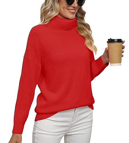 Jouica Women's Cozy Turtleneck Long Sleeve Loose Oversized Baggy Chunky Pullover Tunic Sweater,Qi Red,X-Large | Amazon (US)