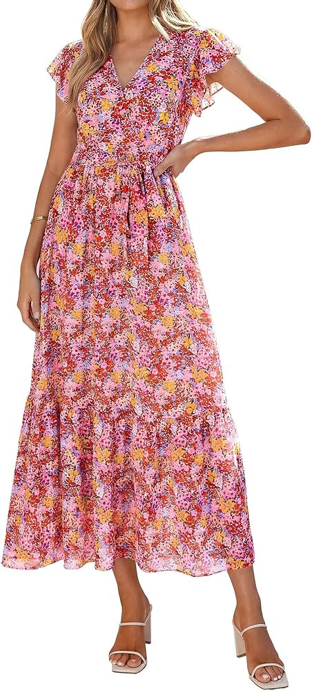 PRETTYGARDEN Women's Summer Floral Boho Maxi Dress Short Sleeve Wrap V Neck Ruffle Long Flowy Bea... | Amazon (US)