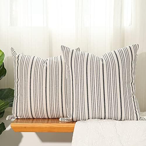 Hckot Black and Beige Boho Farmhouse Throw Pillow Covers 20 x 20 Inch Set of 2 Stripe Textured L... | Amazon (US)