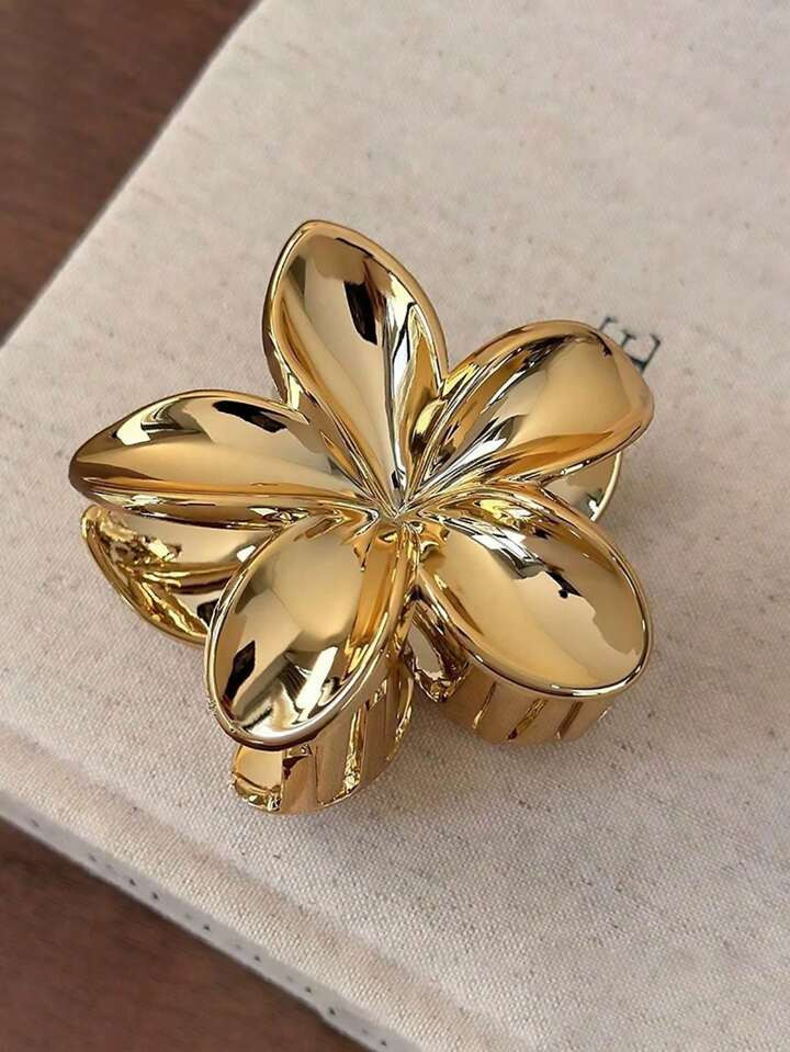 1pc Minimalist Shiny Metal Texture Plumeria Hair Claw, Suitable For Daily, Casual, Party, Commute, Holiday, Hair Styling, Washing Face/Body, Makeup, Outfit Accessorizing | SHEIN
