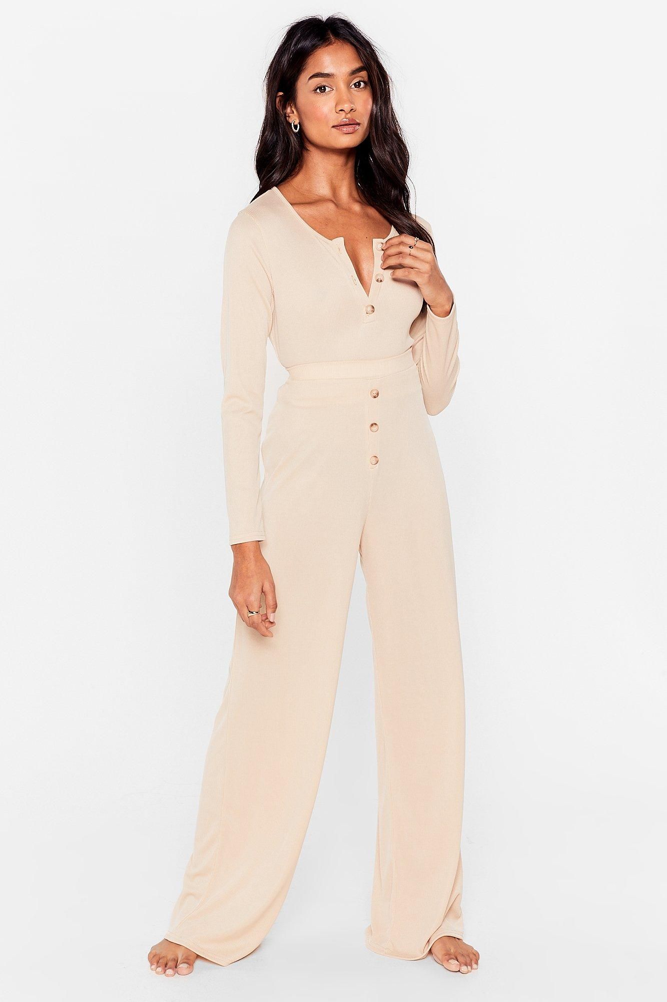 Womens Button Top of It Ribbed Wide-Leg Pants Lounge Set - Stone | NastyGal (US & CA)