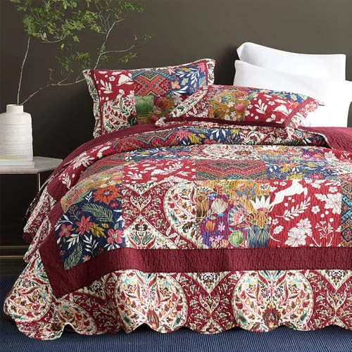 camandy Cotton Bedspread Quilt Bedding Sets 3 Pieces Reversible Coverlet Sets Comforters Gorgeous Paisley Floral Patchwork Red Bedspread, Queen Size | Amazon (US)