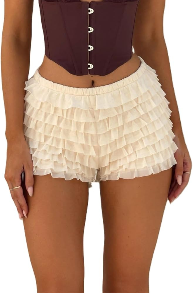 Women Y2k Lace Ruffle Layered Shorts Fairy Lolita Tiered Bloomer Shorts Cute Boy Shorts Mini Pett... | Amazon (US)