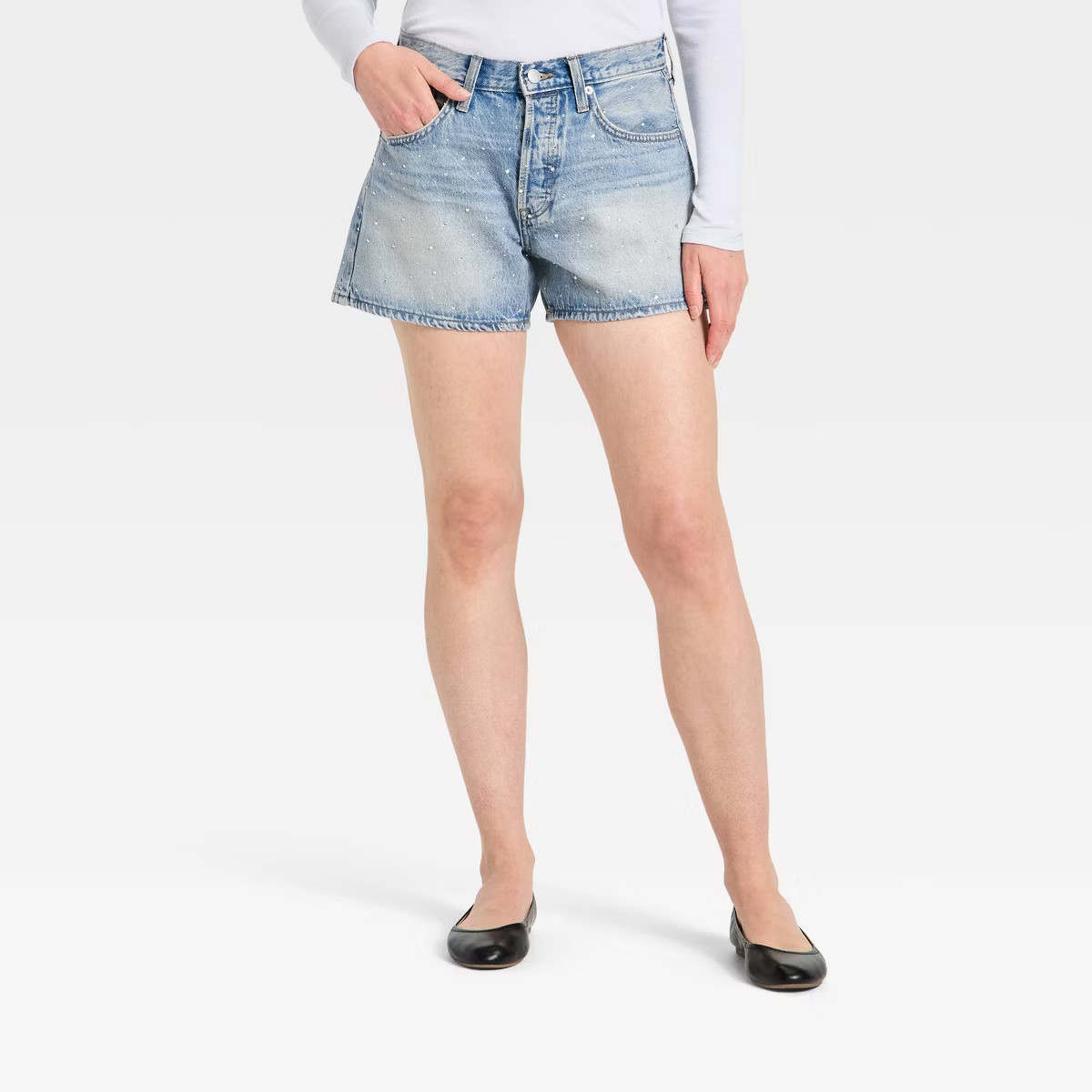 Women's Mid-Rise 90's Baggy Rhinestone Denim Shorts - Universal Thread™ Light Wash | Target