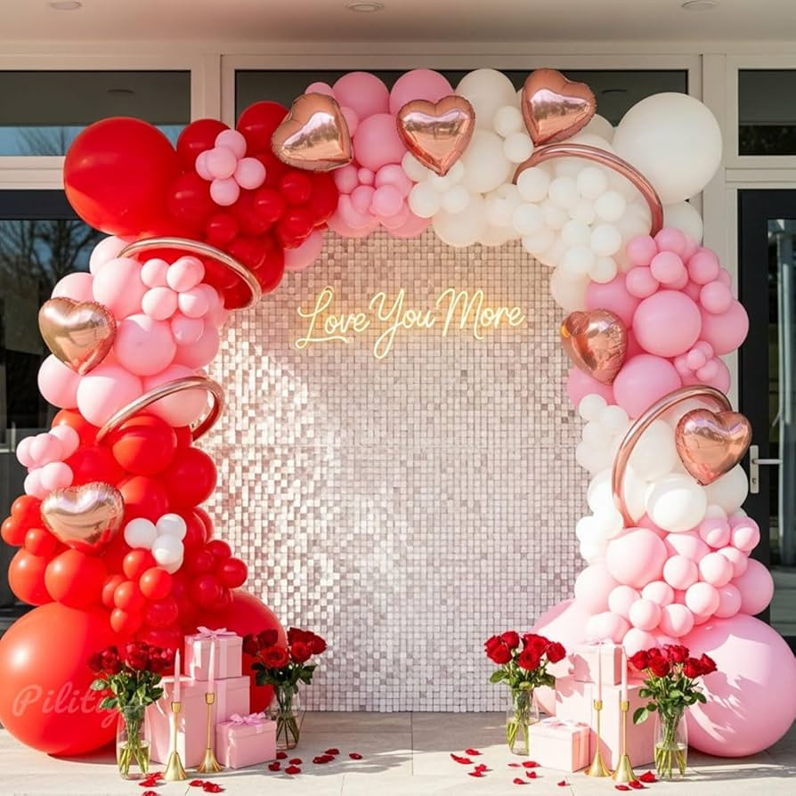 137 Pcs Valentines Day Balloon Arch Kit - Red Pink White Matte Latex & Rose Gold Heart Foil Ballo... | Amazon (US)