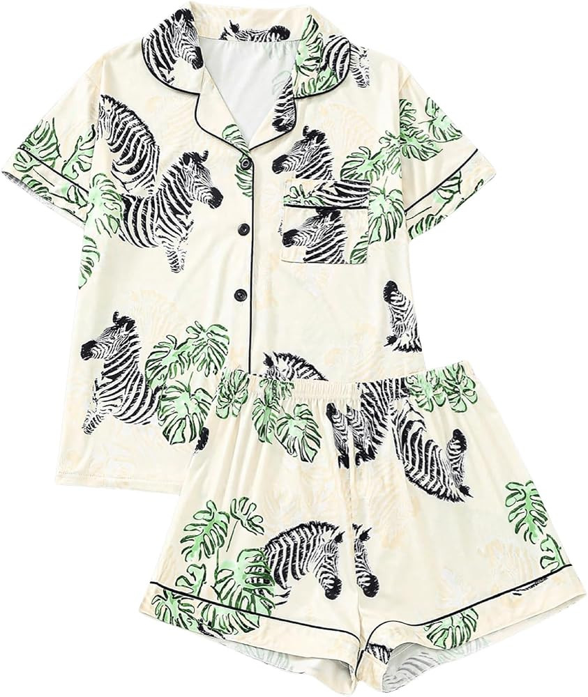 WDIRARA Women's Two Piece Animal Print Short Sleeve Button Shirt and Elastic Waist Shorts Pajama ... | Amazon (US)