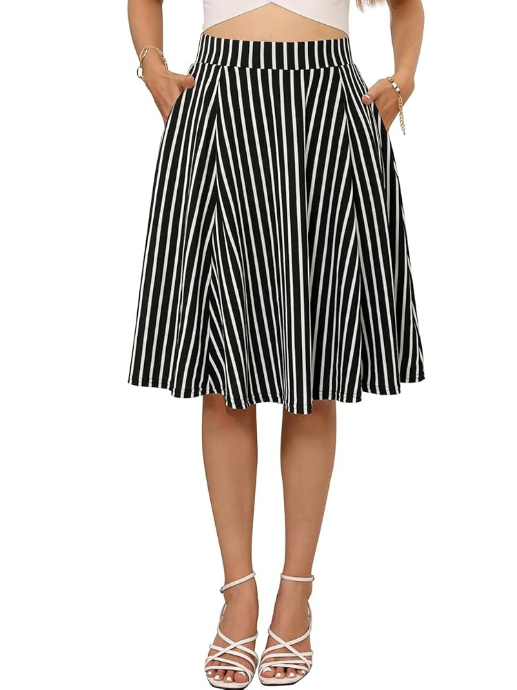 Sureple Skirts for Women Knee Length for Work Fall Elastic High Waist A-Line Flare Skirt Ruffle H... | Amazon (US)