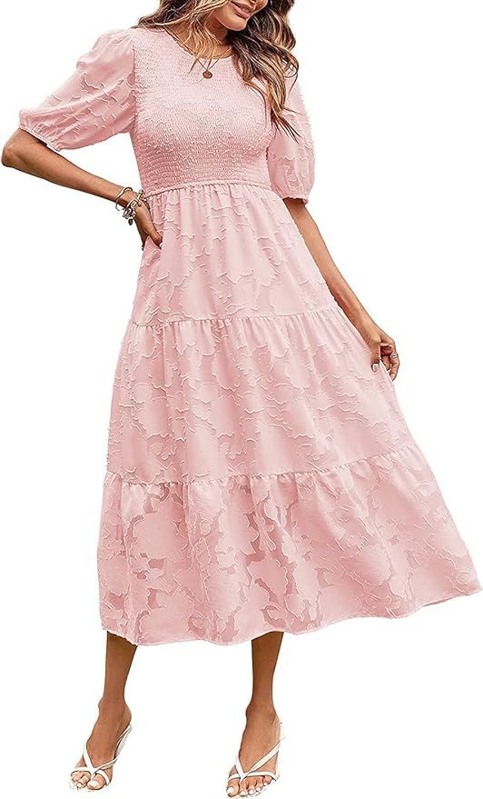 Summer Dresses for Women 2023 Puff Sleeve Smocked Floral Dress Crewneck Lace Flowy Tiered Midi Dr... | Amazon (US)