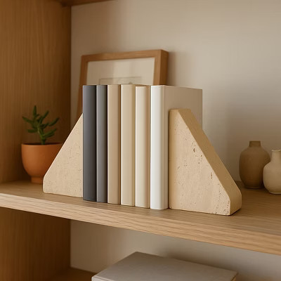 Decorative Travertine Triangle Bookends - Stylish Book Accessories for Home Library, Bookshelf, Office, or Desk Decoration - Set of 2, 5", Tan | Target
