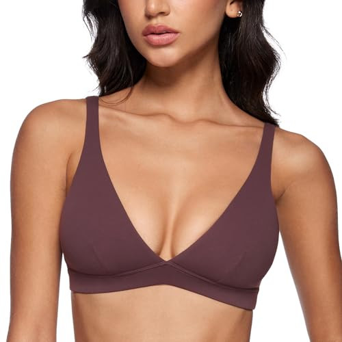INGIA Womens Deep V-Neck Sports Bra Padded Low Impact Fitness Yoga Bra U Back Wireless Workout Bra Contour Crop Top Americano (Plumbrown) Medium | Amazon (US)