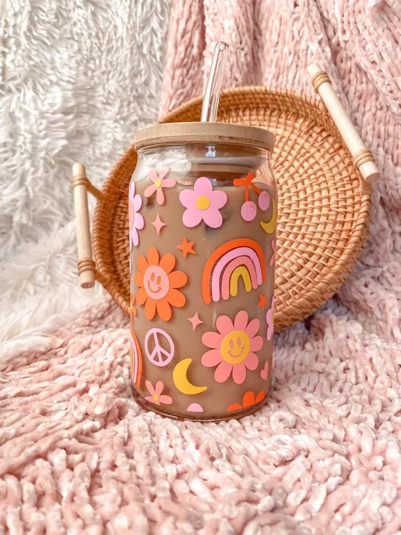 Daisy Cup Iced Coffee Cup Glass Retro Flower Glass Jar Daisy Coffee Glass  Cup Boho Beer Glass Jar Iced Coffee Glass 