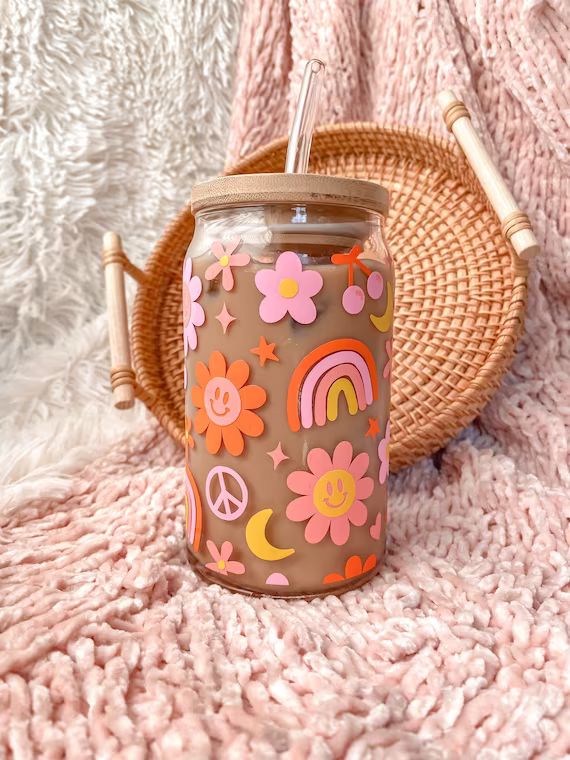 Retro & Groovy Flowers Aesthetic Beer Can Shaped Glass  Cute - Etsy | Etsy (US)