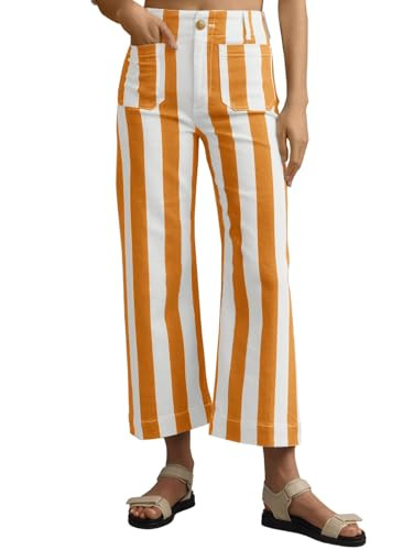 Tankaneo Womens Cropped Striped Jeans Casual High Waisted Stretchy Straight Leg Denim Pants with Pockets Orange | Amazon (US)