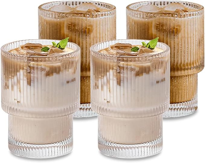 APPKER Stackable Ribbed Glassware Glass Cups Set of 4, Origami Style Fluted Vintage Transparent C... | Amazon (US)