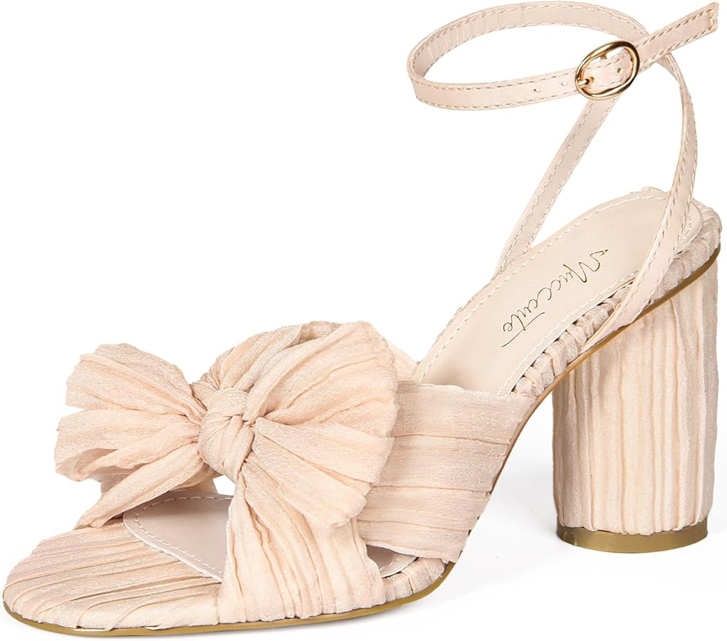 MUCCCUTE Women's Bow Knot Heeled Sandals Ankle Buckle Strap Chunky Heeled Open-toe Comfortable We... | Amazon (US)