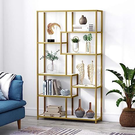 Tribesigns Bookshelf Bookcase, Gold 8-Open Shelf Etagere Bookcase with Faux Marble, Modern Book S... | Amazon (US)