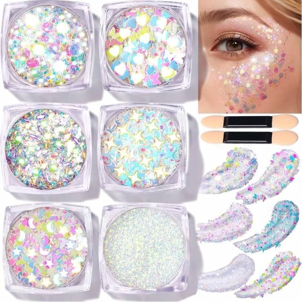 Teenitor Face Glitter Body Glitter, Clear White Body Glitter Gel, Hair Glitter Gel, 6 Shapes Rave Glitter, Mermaid Sequins Makeup Glitters Face Paint, Chunky Sparkling Glitter Gel for Women | Amazon (US)