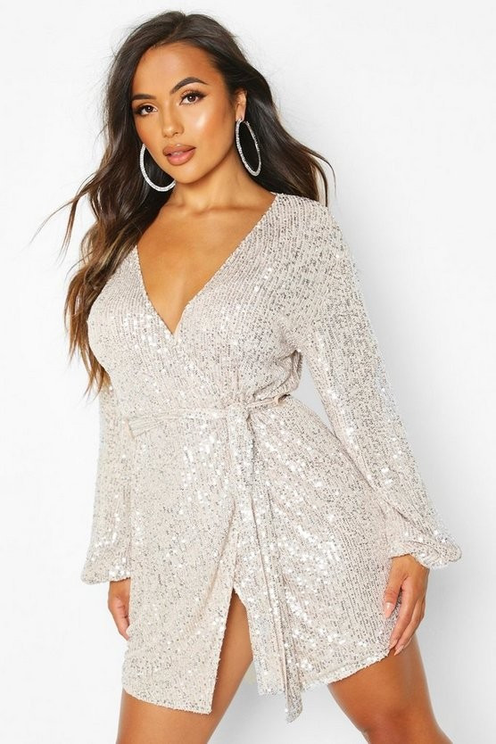 Petite Belted Balloon Sleeve Sequin Dress | Boohoo.com (US & CA)