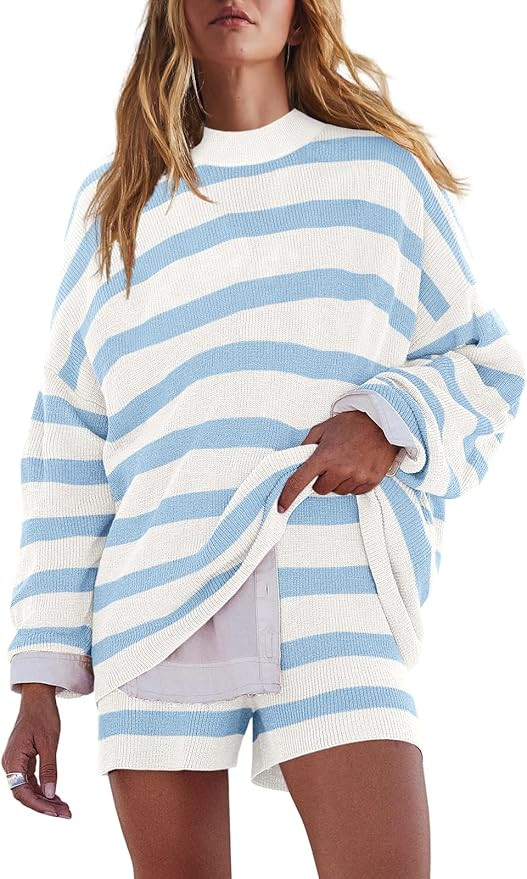 LAMISSCHE Womens Oversized Lounge Sets 2 Piece Outfits Striped Matching Pajama Set Long Sleeve Sw... | Amazon (US)