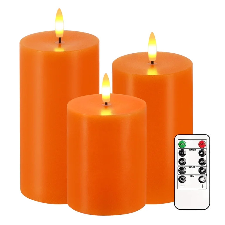 Orange Flameless Candles, Set of 3 Flickering LED Candles with Remote & Timer, Dimmable Real Wax ... | Walmart (US)