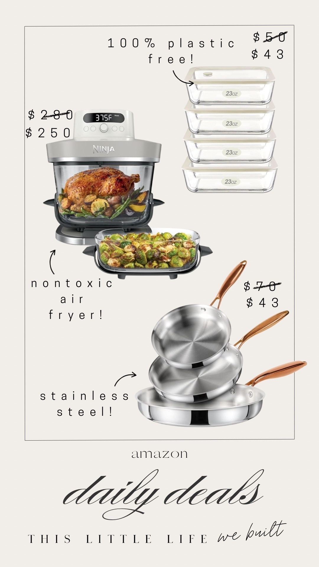 Amazon daily deals! 

Ninja air fryer, stainless steel pans, plastic free food storage, glass, Amazon home, kitchen finds, daily deals 

#LTKU #LTKHome #LTKSaleAlert