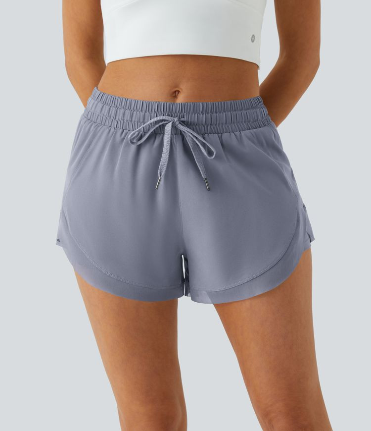 Women’s Mid Rise Drawstring Contrast Mesh 2-in-1 Flowy Running Shorts 3'' - Halara | HALARA