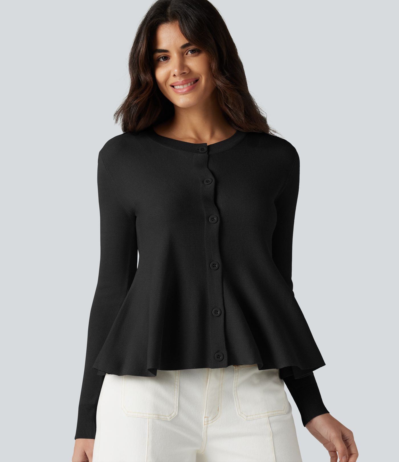 Round Neck Long Sleeve Ruffle Hem Work Cardigan | HALARA