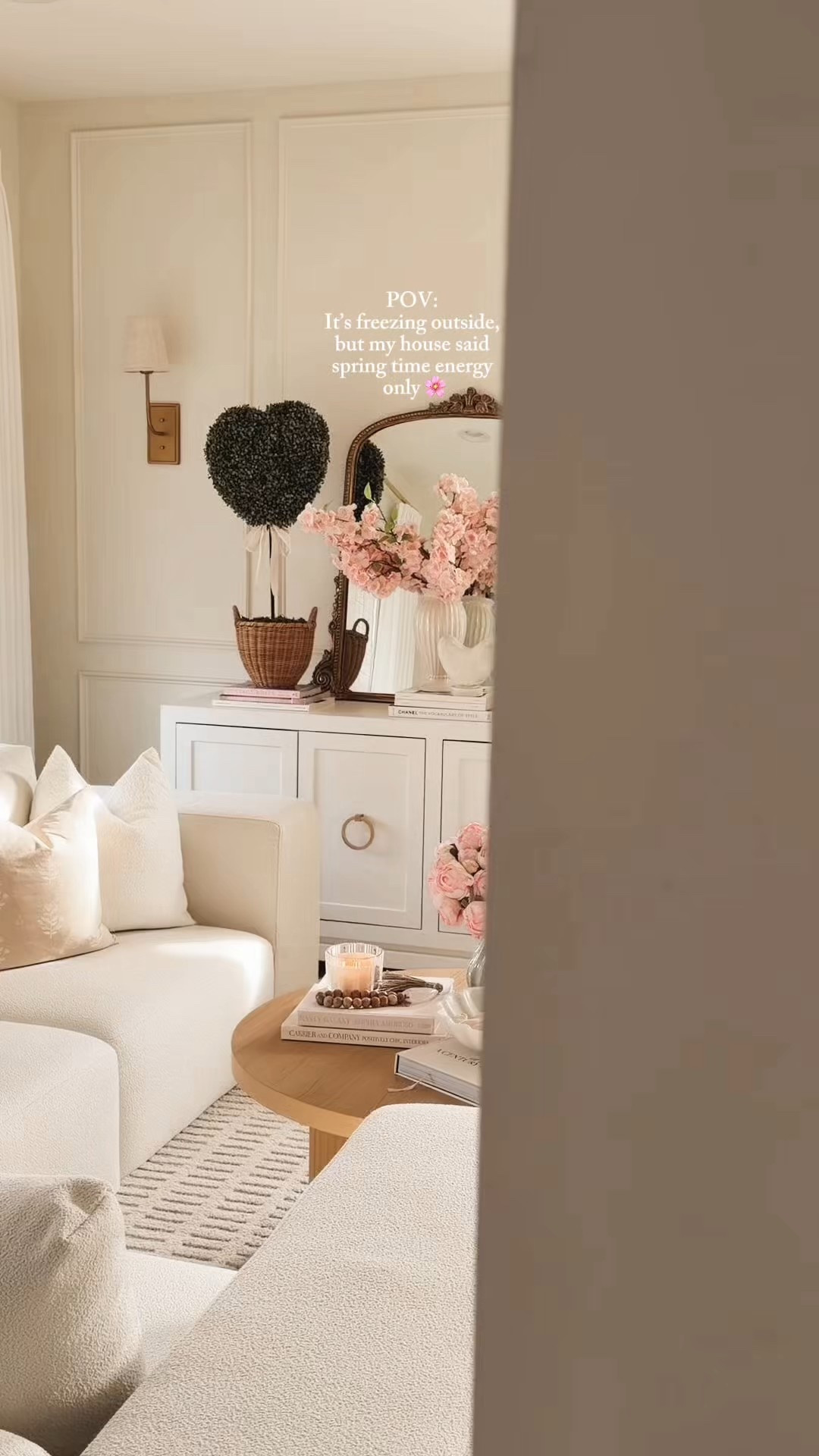 Living room decorated for valentines days, with peonies and cherry blossoms, heart topiary 

#LTKValentine