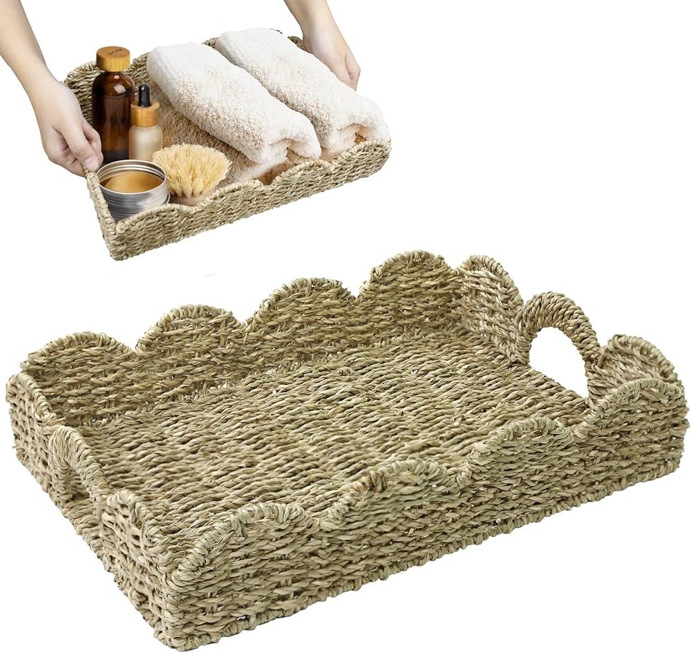 HOMESTEAD 100% Handmade Seagrass Scalloped Woven Tray with Handle, Serving Tray, Wicker Decor for... | Amazon (US)