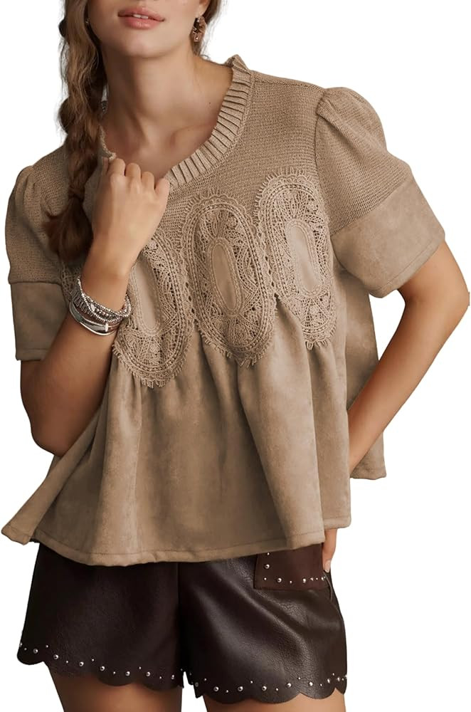 Women's Lace Detail Faux Suede Peplum Swing Tops Short Sleeves Crew Neck Babydoll Blouse | Amazon (US)