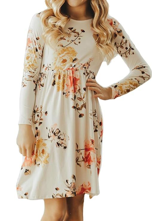 GOSOPIN Girls Long Sleeve Floral Pleated Swing Casual Maxi Dress Pocket 4-13Y | Amazon (US)