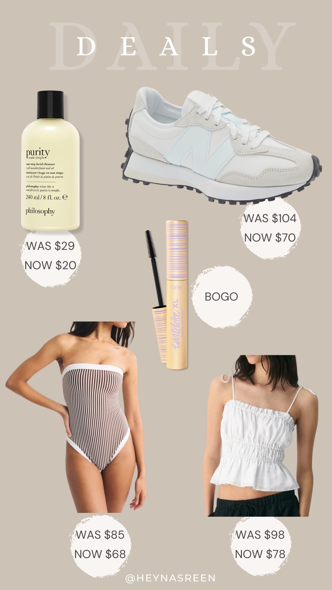 Daily deals on Philosophy purity face wash, New Balance sneakers, Tarte tubing mascara, Aritzia linen top, Abercrombie one piece bathing suit