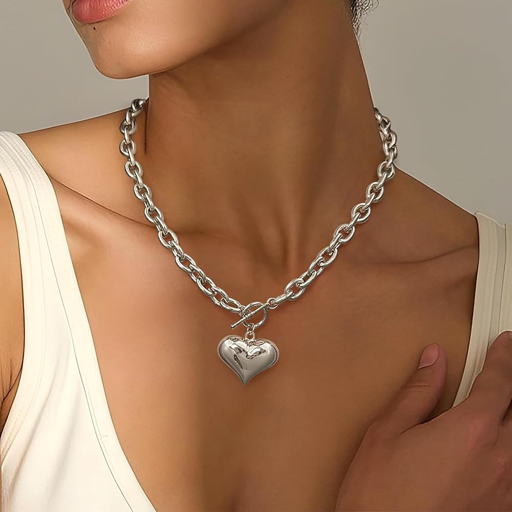 Gold Siver Heart Necklace for Women Trendy Chunky Choker Necklaces Jewelry for Women | Amazon (US)