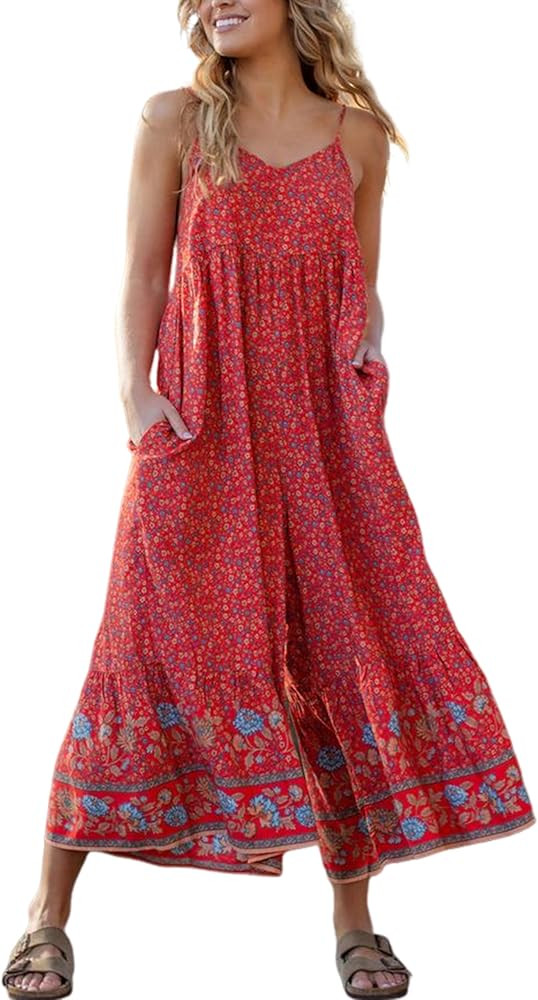 Himosyber Women's Summer Boho Jumpsuits Casual Wide Leg Bib Overalls Floral Print Rompers with Po... | Amazon (US)