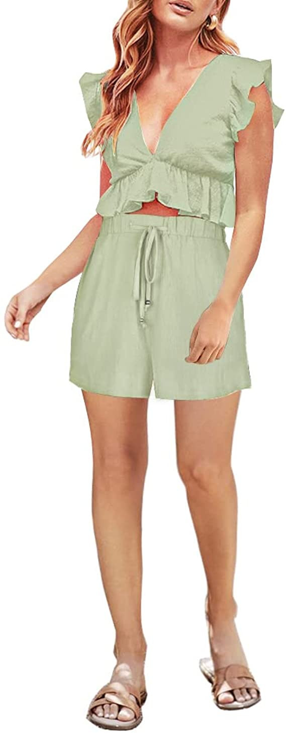 FANCYINN Womens Two Pieces Vacation Outfits Deep V Neck Ruffles Crop Top Drawstring Shorts Set | Amazon (US)