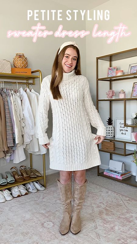 Cream sweater dress style tip: add a belt to shorten the dress. 

Sizing: s in dress, xs/s in belt, size up 1/2 size in boots 

Modest dress, sweater dress, fall dress, thanksgiving dress, thanksgiving outfit 

#LTKSeasonal #LTKunder50 #LTKstyletip