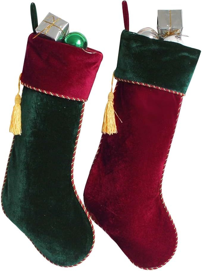 Gireshome Set of 2 Pcs Burgundy & Green Velvet Vintage with Tassel Christmas Stocking, Xmas Tree ... | Amazon (US)