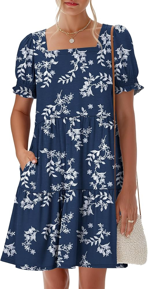 ANRABESS Women Summer Square Neck Puff Short Sleeve Mini Dress 2026 Casual Flowy Sundress Beach V... | Amazon (US)