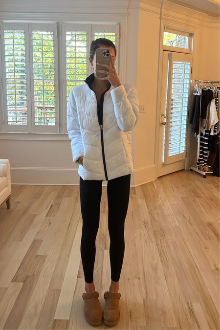 This mornings barre outfit! 
White puffer jacket is from Walmart and such a good deal. Wearing a size small. These leggings are older from years of ours.. I will try to find them and link them. Also, I love my ultra mini UGGs!! I did my true size. 

#LTKfindsunder100 #LTKfindsunder50 #LTKstyletip