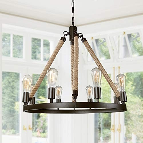 Farmhouse Chandeliers Large Rustic Round Wagon Wheel 8-Light Fixture with Rope for Dining & L... | Amazon (US)