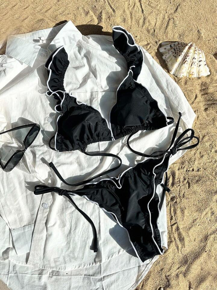 SHEIN Swim Vcay Summer Beach Ladies' Swimwear With Split Type Design, Frilled Hem & Strap Detail | SHEIN