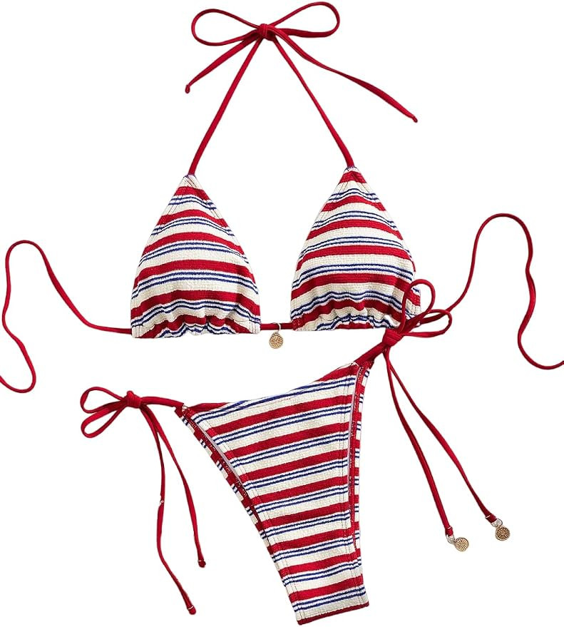 ZAFUL 2 Piece Triangle Bikini for Women Knitted Rope Halter Bikini Sets Sexy Bathing Suit Side Ti... | Amazon (US)