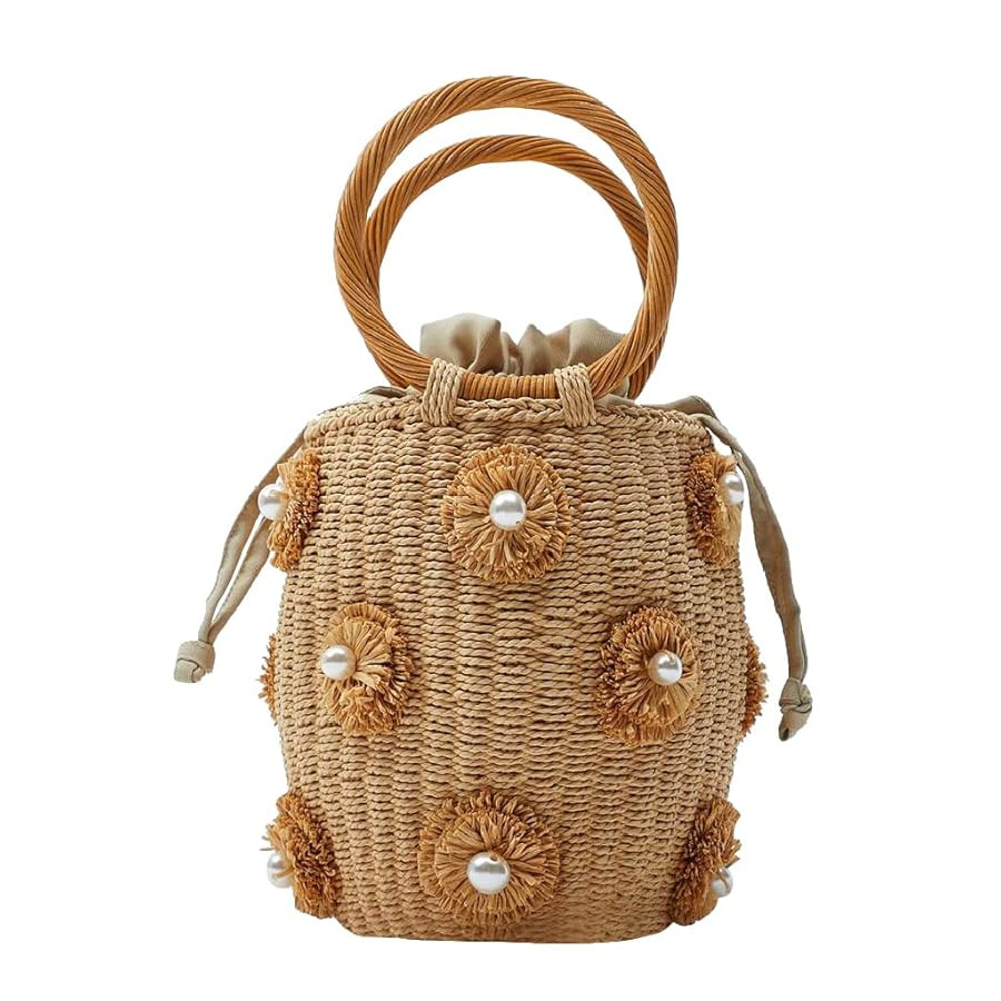 Flower Pearls Rattan Tote Bag Summer Beach Drawstring Straw Bucket Bag Diamonds Woven Handbag | Amazon (US)