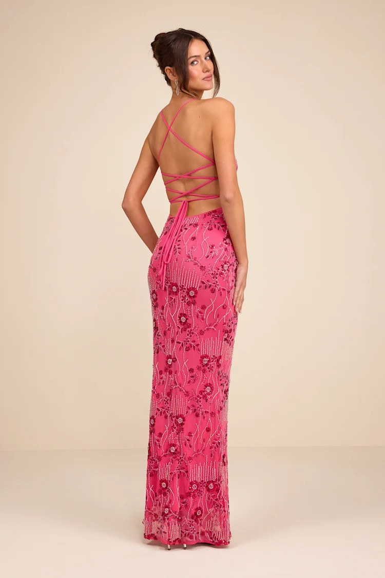Arella Hot Pink Beaded Sequin Laxe-Up Maxi Dress | Lulus