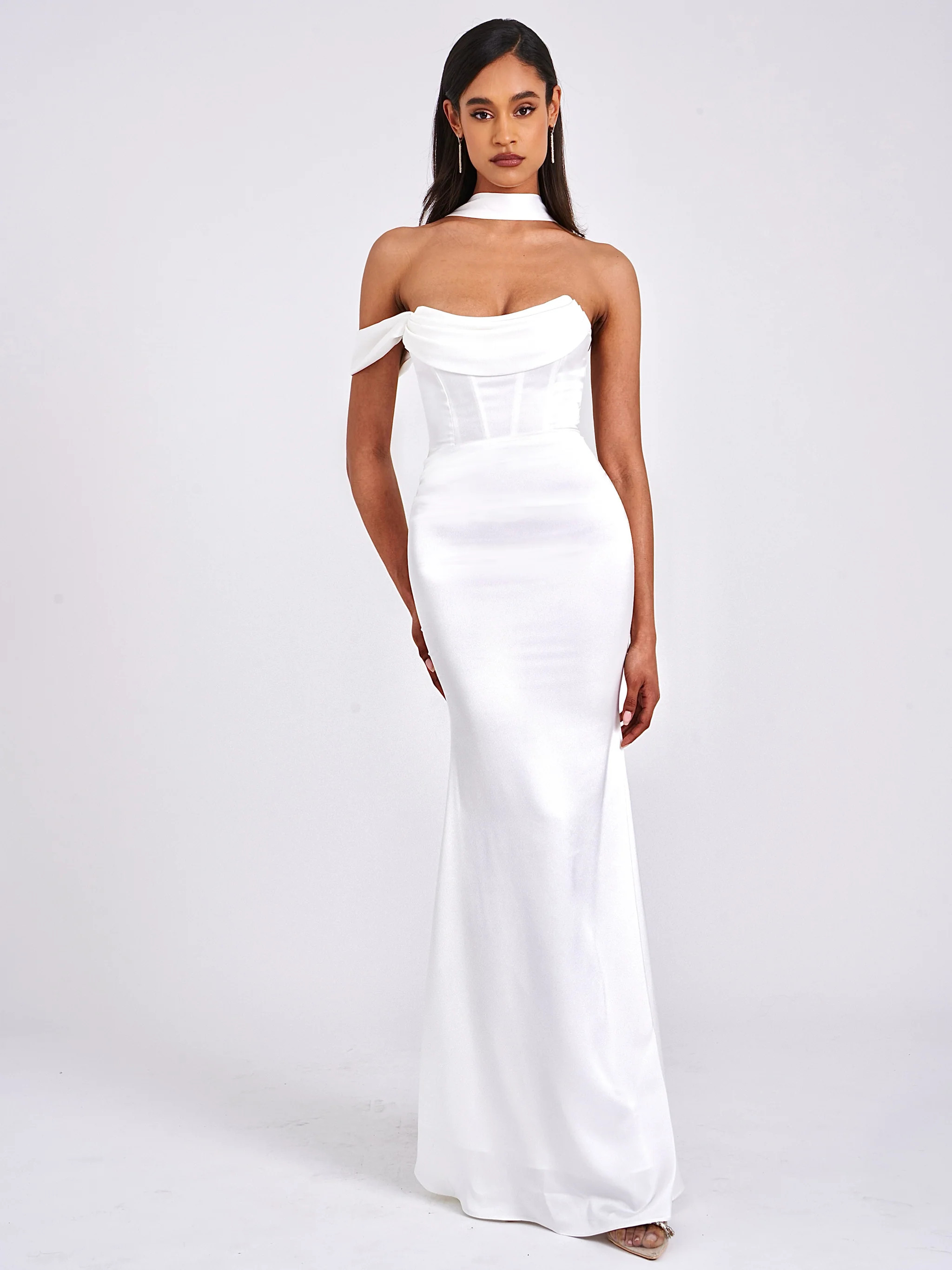 Ivona White Halter Neck Double Duchess Satin Gown | Miss Circle