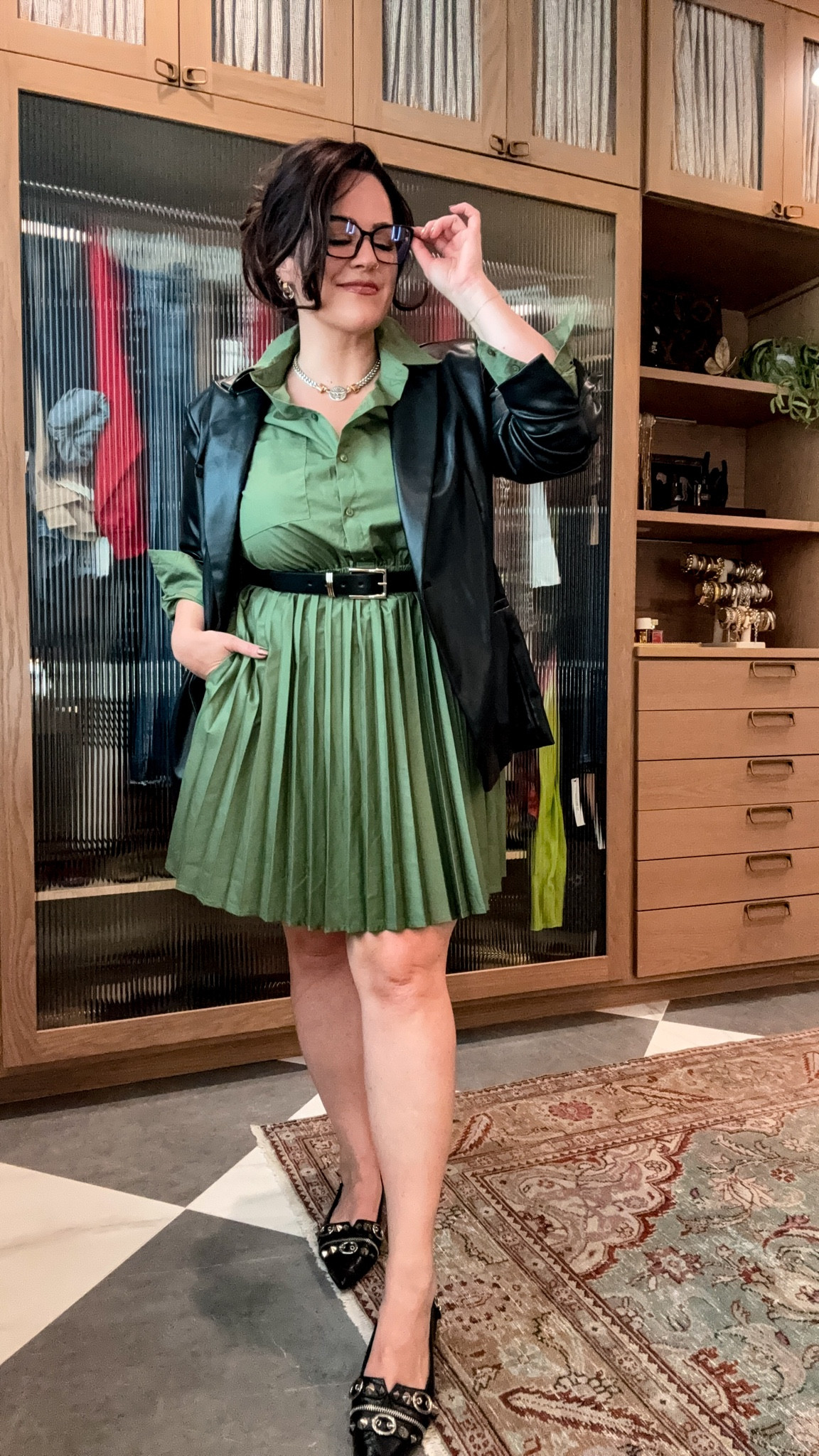 @walmartfashion workwear outfit 
Wearing a large in this adorable shirt dress
Xl in the belt 
Xl in the vegan leather blazer 
Linked similar studded flats 
#walmartpartner

#LTKMidsize #LTKFindsUnder50 #LTKWorkwear