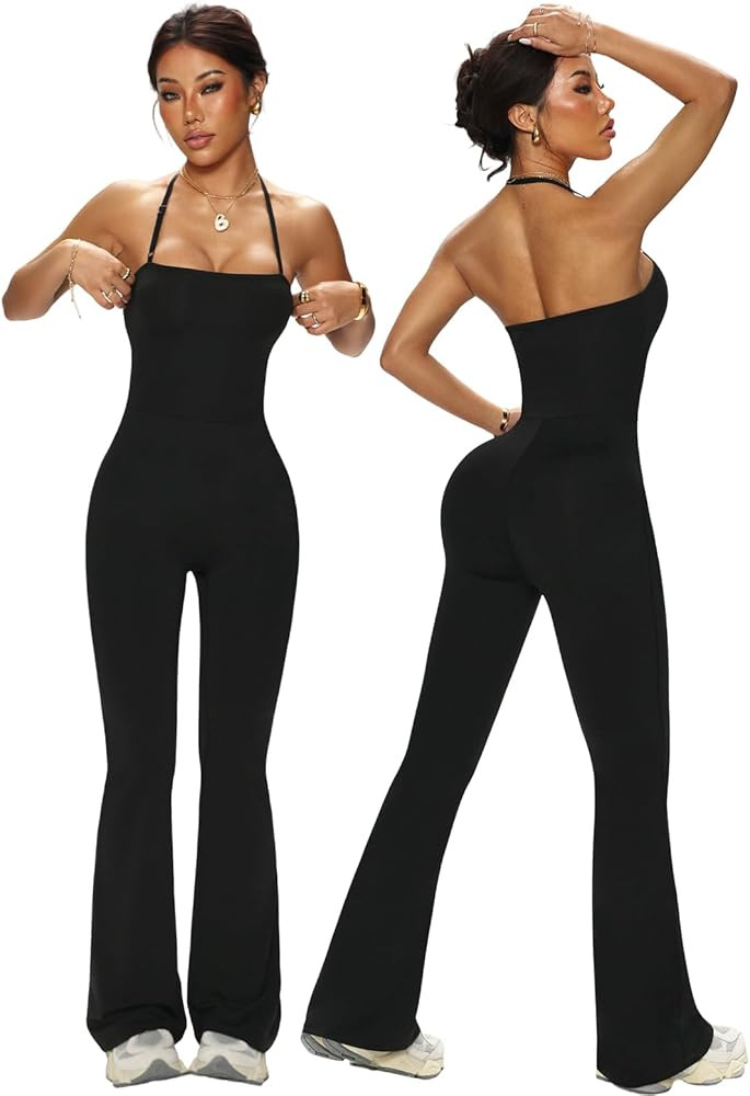 Women's Jumpsuit Adjustable Spaghetti Strap Romper Flare Leg Bodycon One Piece with Scoop Neck Tu... | Amazon (US)