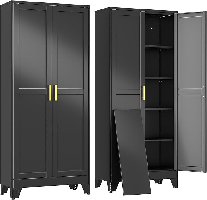 erosoei 71" H Metal Garage Storage Cabinet, Black Metal Pantry Cabinet with 2 Doors, Locker Steel... | Amazon (US)