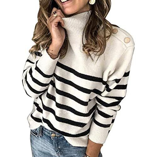 Asvivid Striped Turtleneck Button Knit Sweaters for Women Lightweight Long Sleeve Knit Pullover J... | Amazon (US)